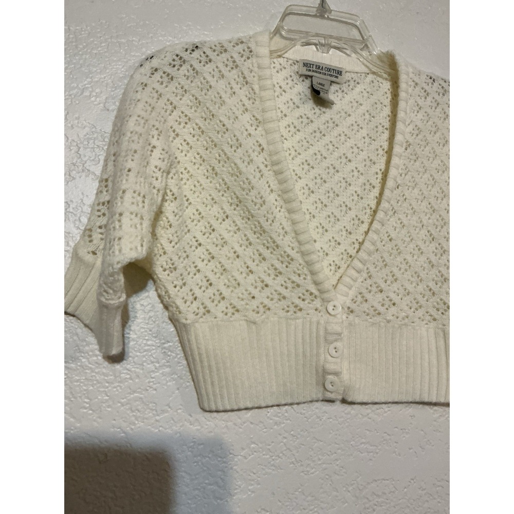 Next Era Couture Ivory Pointelle Knit Shrug Bolero Cropped Cardigan Large Y2K - Picture 2 of 5